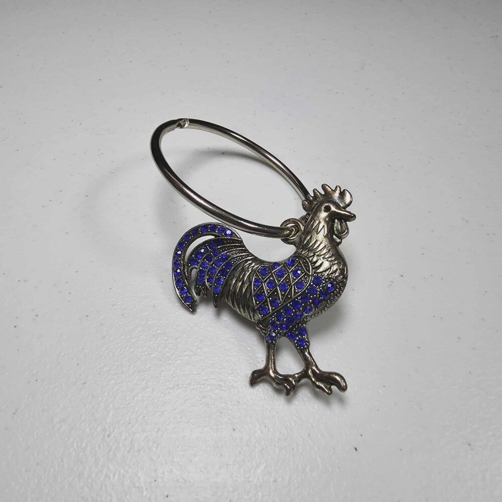 SHOWER CURTAIN RINGS ROOSTER GEMSTONES SILVER TONE METAL 2" X 2"